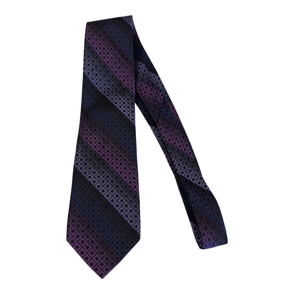 Bugatti Mens Silk Tie Purple Blue Black Geometric Striped Formal Necktie 60 Inch